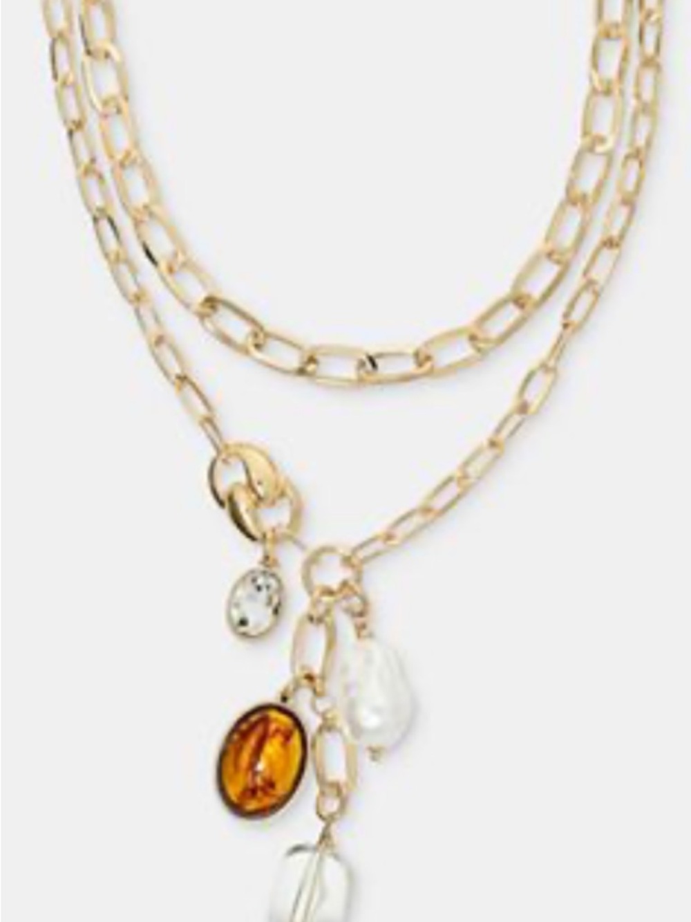 NWTs INC Gold Tone AdjustabkeLayered Charm Necklace with Amber and Pearl Accents